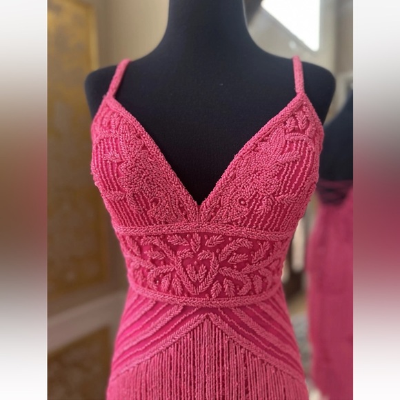 Splendid V-neckline Frilled Bodycon Tea-length Dress by Jovani Hot Pink Size 6 - Picture 6 of 15
